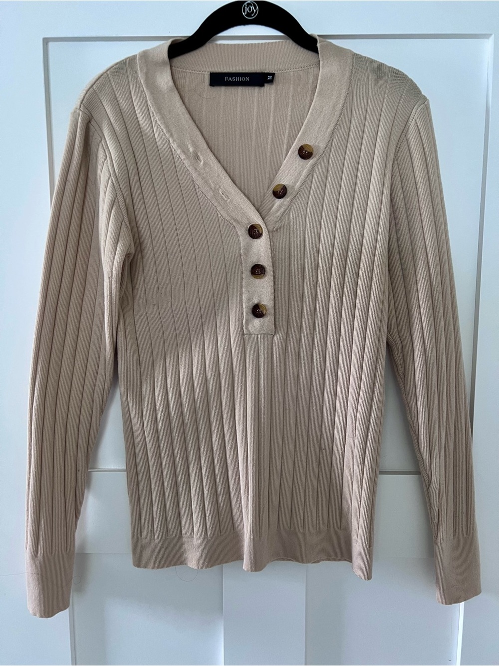 Beige Ribbed Button Henley Sweater